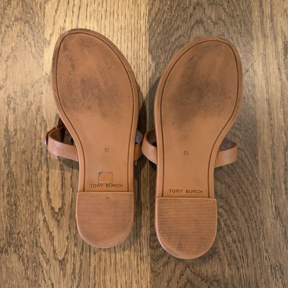Tory Burch Miller Calf Leather Soft Sandals Women’s Sz 5.5 Bourbon Miele Emblem - Picture 8 of 9